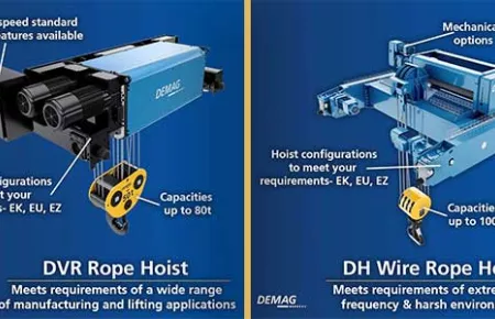 Demag DVR and DH wire rope hoists with call-outs on capacity, speeds, environmental factors and more.